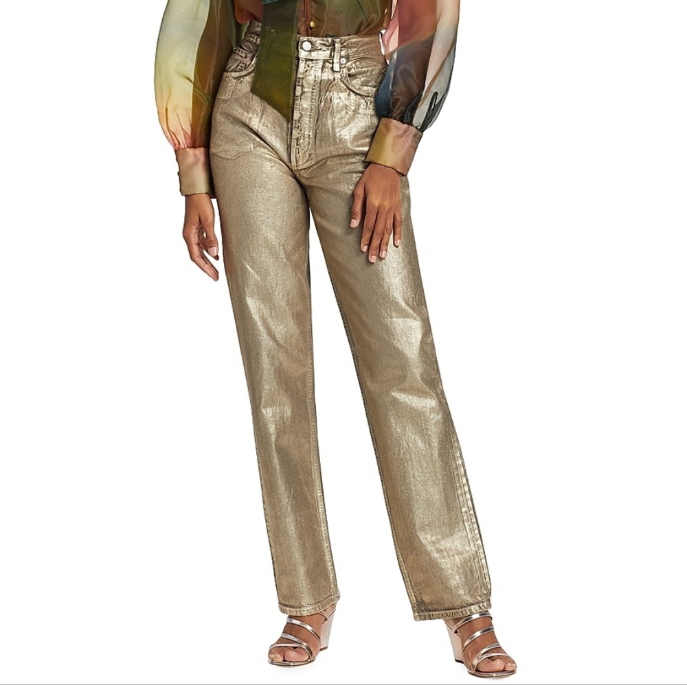EB Denim Womens 26 Gold Foil High-Rise Straight Leg Jeans Coated Rave Festival